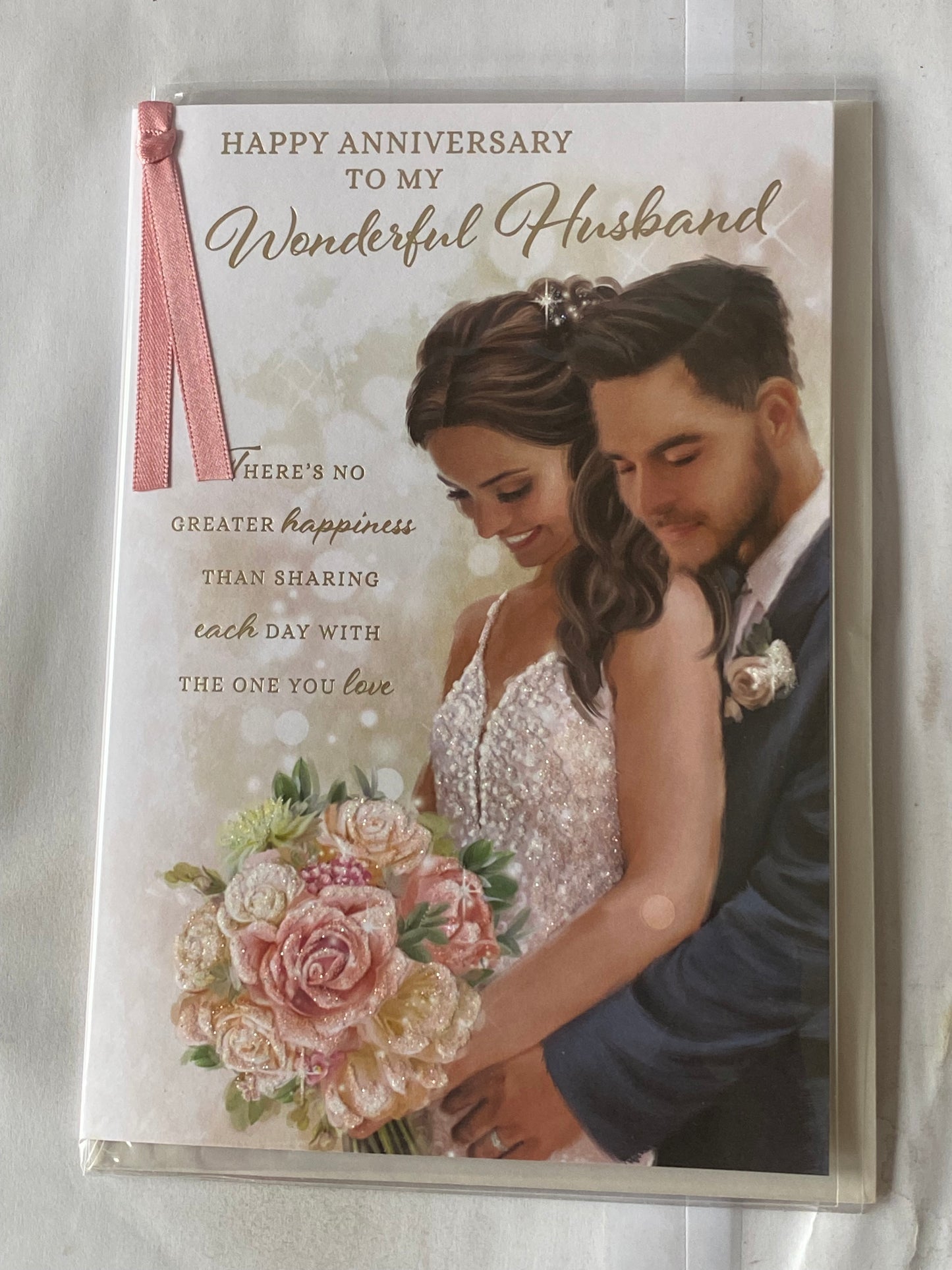 Happy Anniversary To My Wonderful Husband Our Wedding Anniversary Card Bride+Groom/Words Ribbon/Glitter/Foil Detail(PRELUDE45562)