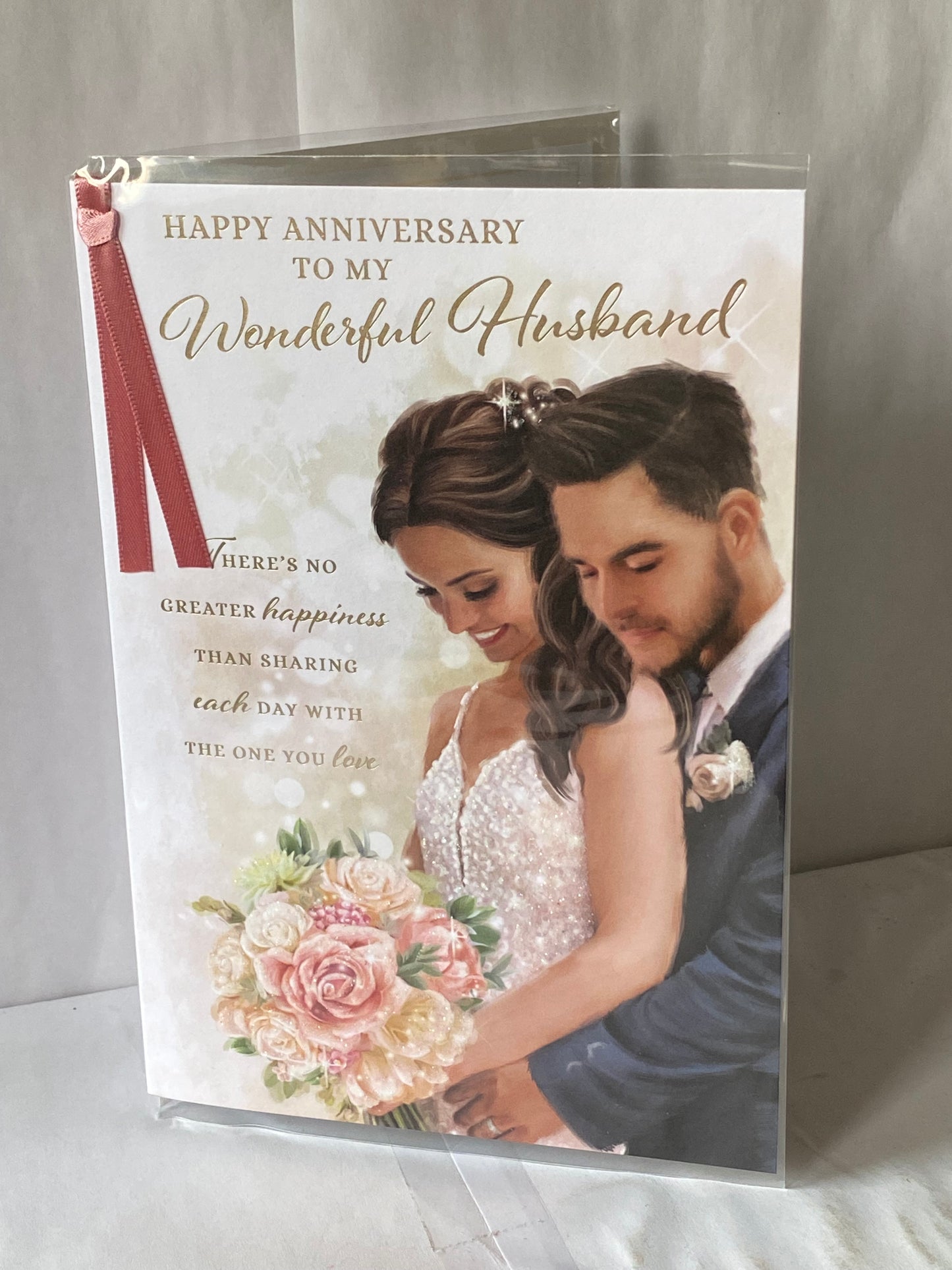 Happy Anniversary To My Wonderful Husband Our Wedding Anniversary Card Bride+Groom/Words Ribbon/Glitter/Foil Detail(PRELUDE45562)