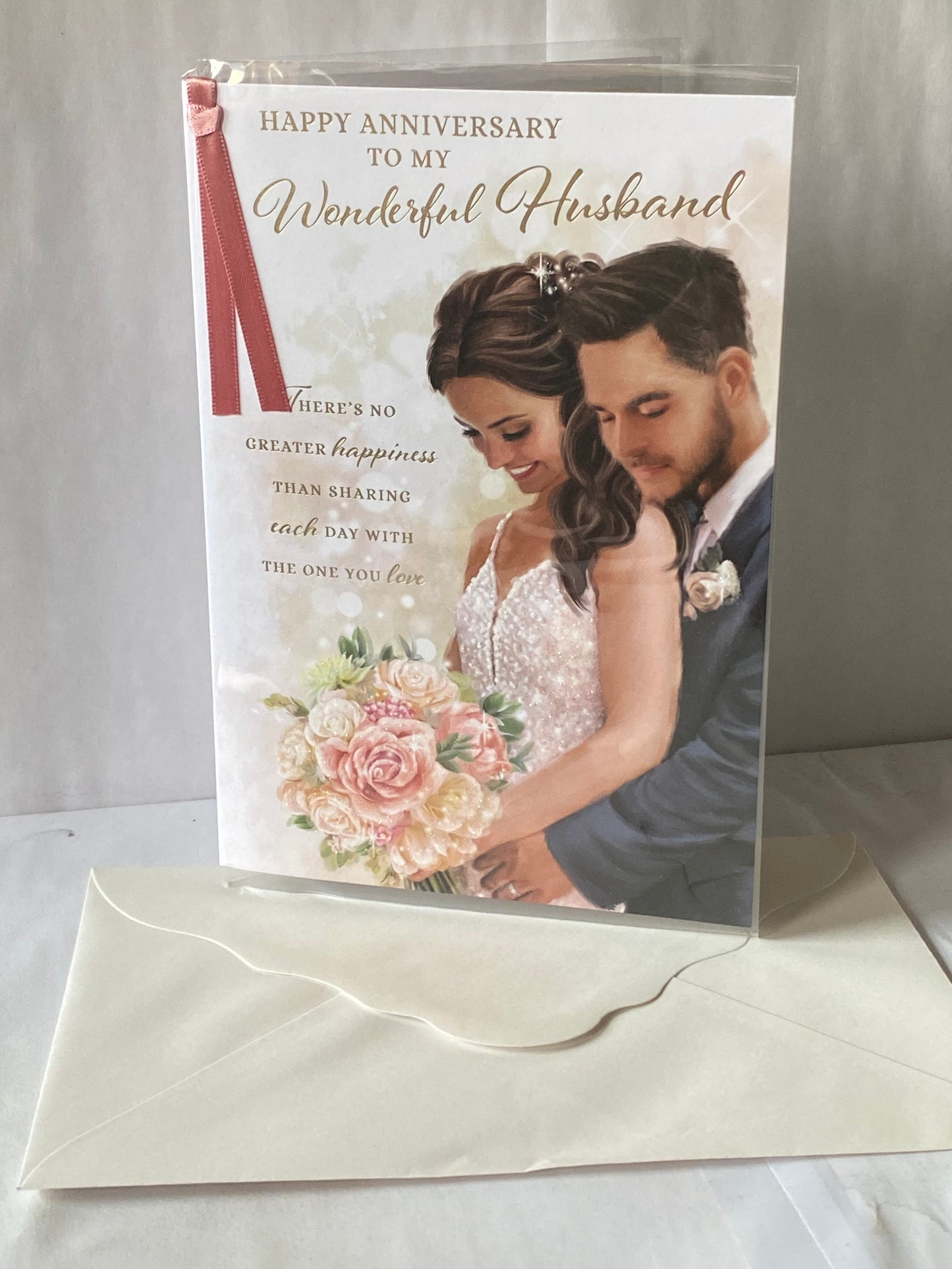 Happy Anniversary To My Wonderful Husband Our Wedding Anniversary Card Bride+Groom/Words Ribbon/Glitter/Foil Detail(PRELUDE45562)
