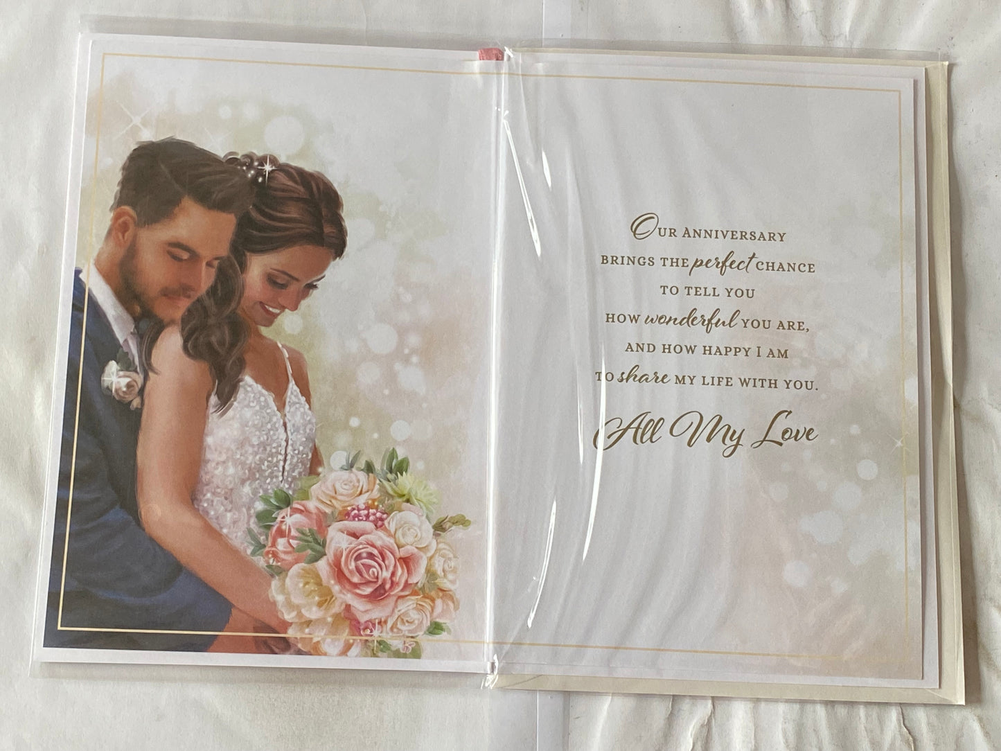 Happy Anniversary To My Wonderful Husband Our Wedding Anniversary Card Bride+Groom/Words Ribbon/Glitter/Foil Detail(PRELUDE45562)