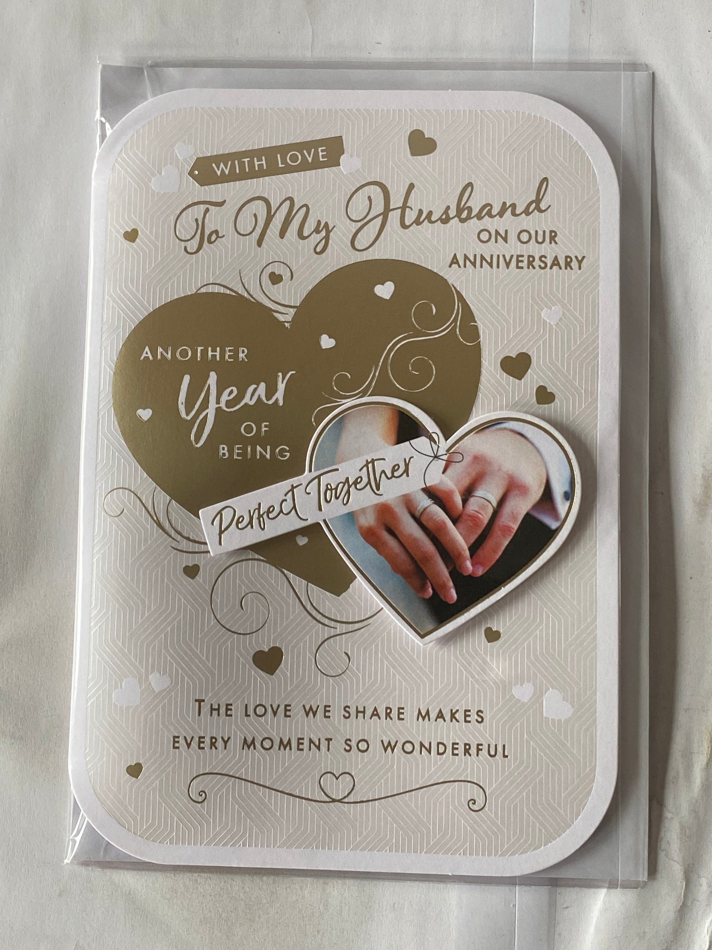 With Love To My Husband On Our Anniversary Another Year Of Being Perfect Together Wedding Anniversary Card White+Gold Hearts/Hands 3D/Foil Detail(PRELUDE47273)