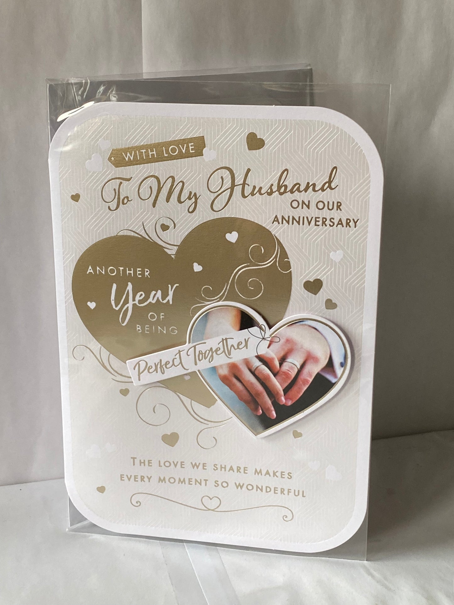 With Love To My Husband On Our Anniversary Another Year Of Being Perfect Together Wedding Anniversary Card White+Gold Hearts/Hands 3D/Foil Detail(PRELUDE47273)