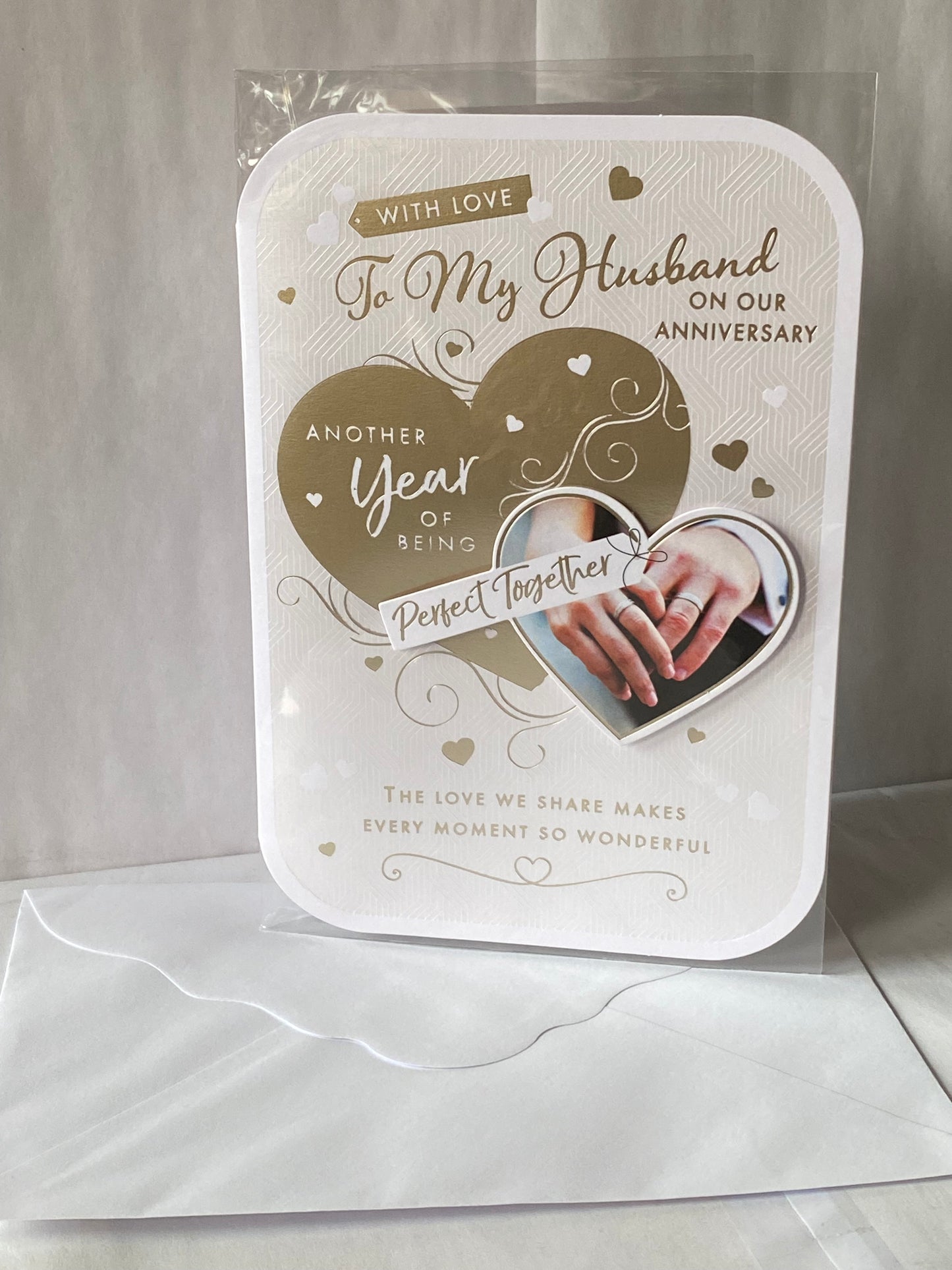 With Love To My Husband On Our Anniversary Another Year Of Being Perfect Together Wedding Anniversary Card White+Gold Hearts/Hands 3D/Foil Detail(PRELUDE47273)