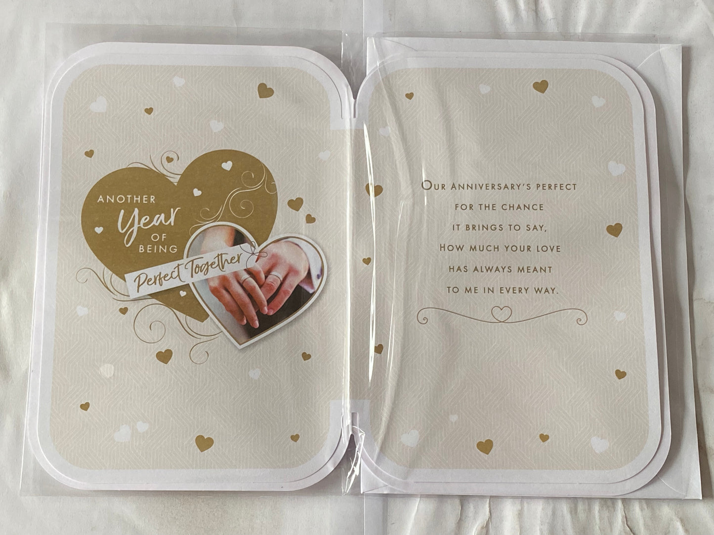 With Love To My Husband On Our Anniversary Another Year Of Being Perfect Together Wedding Anniversary Card White+Gold Hearts/Hands 3D/Foil Detail(PRELUDE47273)