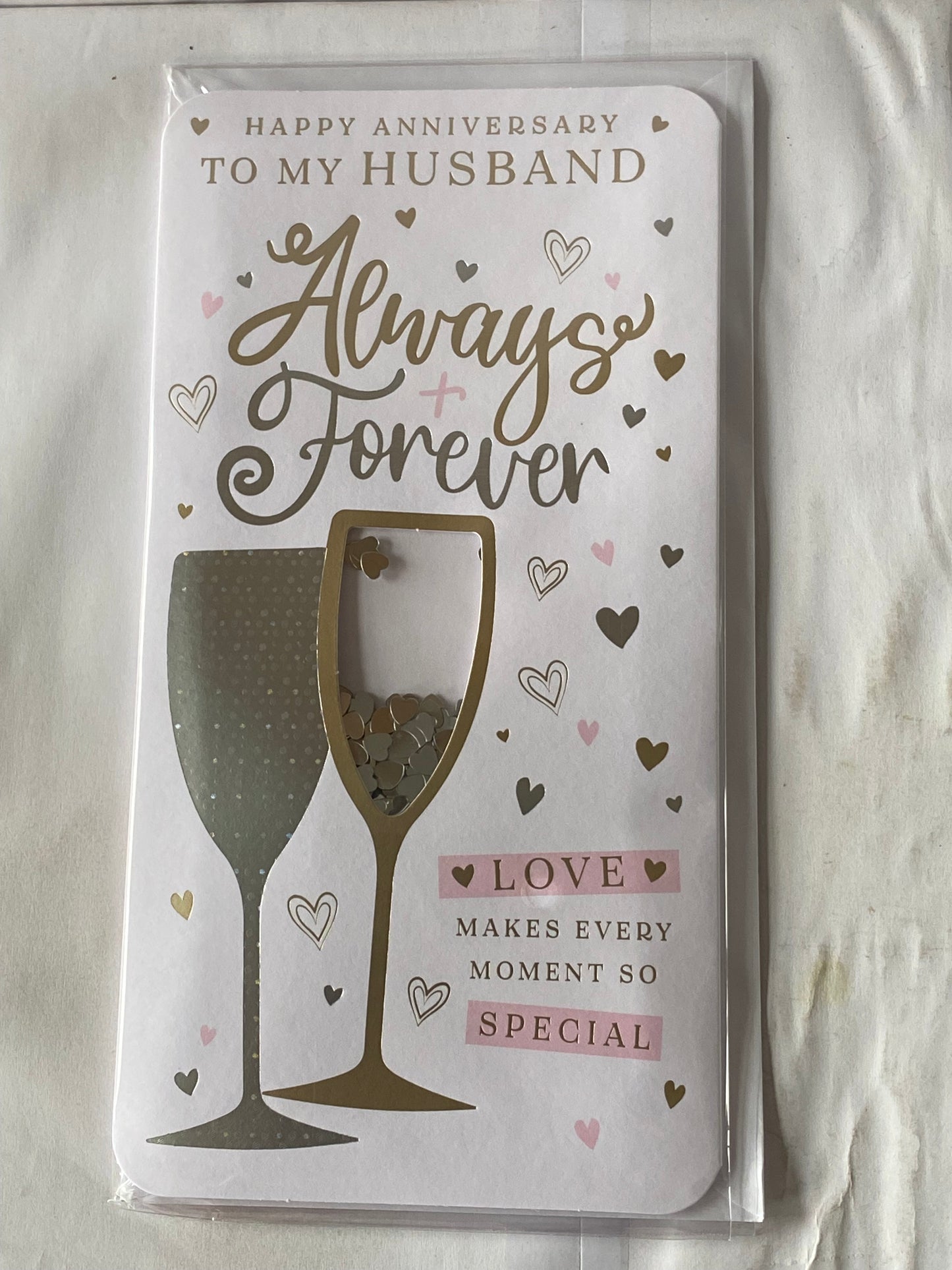 Happy Anniversary To My Husband Always & Forever Love Makes Every Moment So Special Our Wedding Anniversary Card White/Silver Flutes/Hearts(PRELUDE48302)