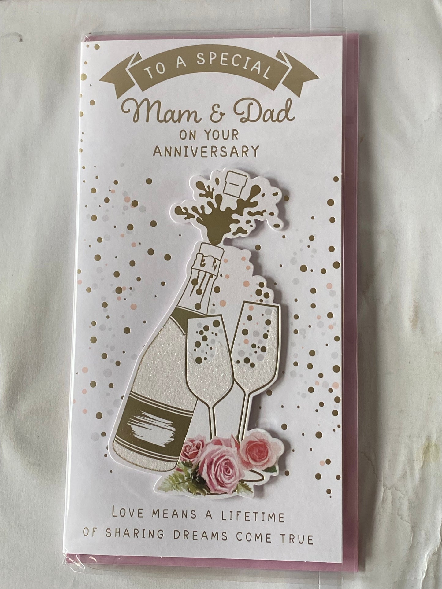 To A Special Mam & Dad On Your Anniversary Wedding Anniversary Card White/Gold Champagne/Flutes/Spots/Pink Roses 3D/Glitter/Foil Detail(PRELUDE48305)