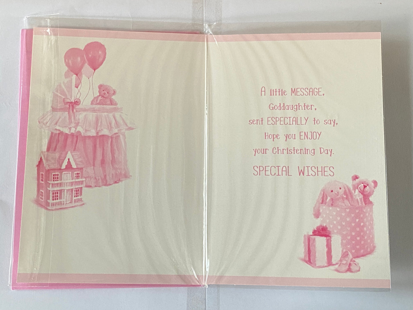 Special Wishes Goddaughter On Your Christening Day Card Goddaughter's Christening Card Moses Basket/Teddy/Toys/Silver Words Glitter/Foil Design(PH42351E)