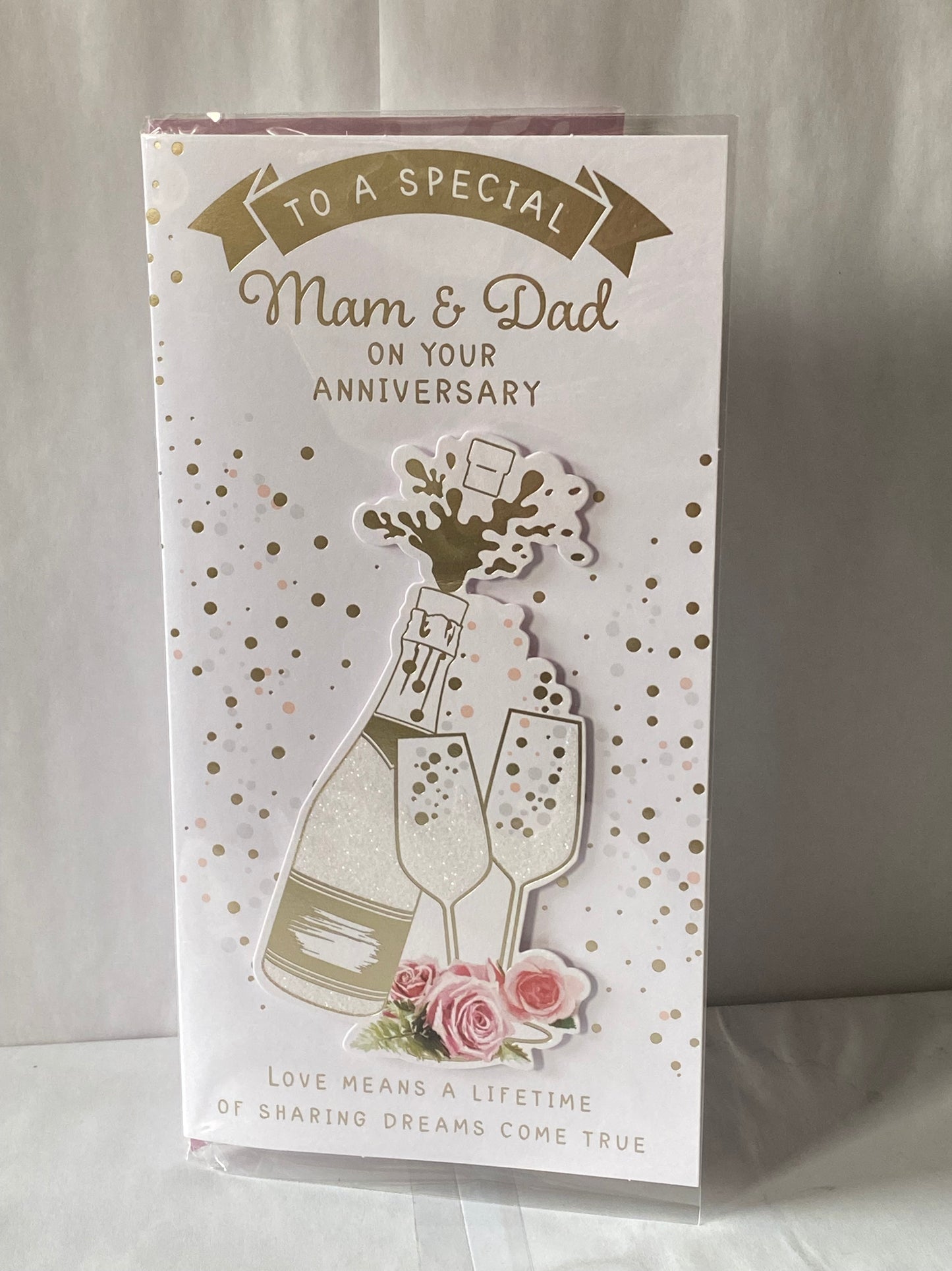 To A Special Mam & Dad On Your Anniversary Wedding Anniversary Card White/Gold Champagne/Flutes/Spots/Pink Roses 3D/Glitter/Foil Detail(PRELUDE48305)