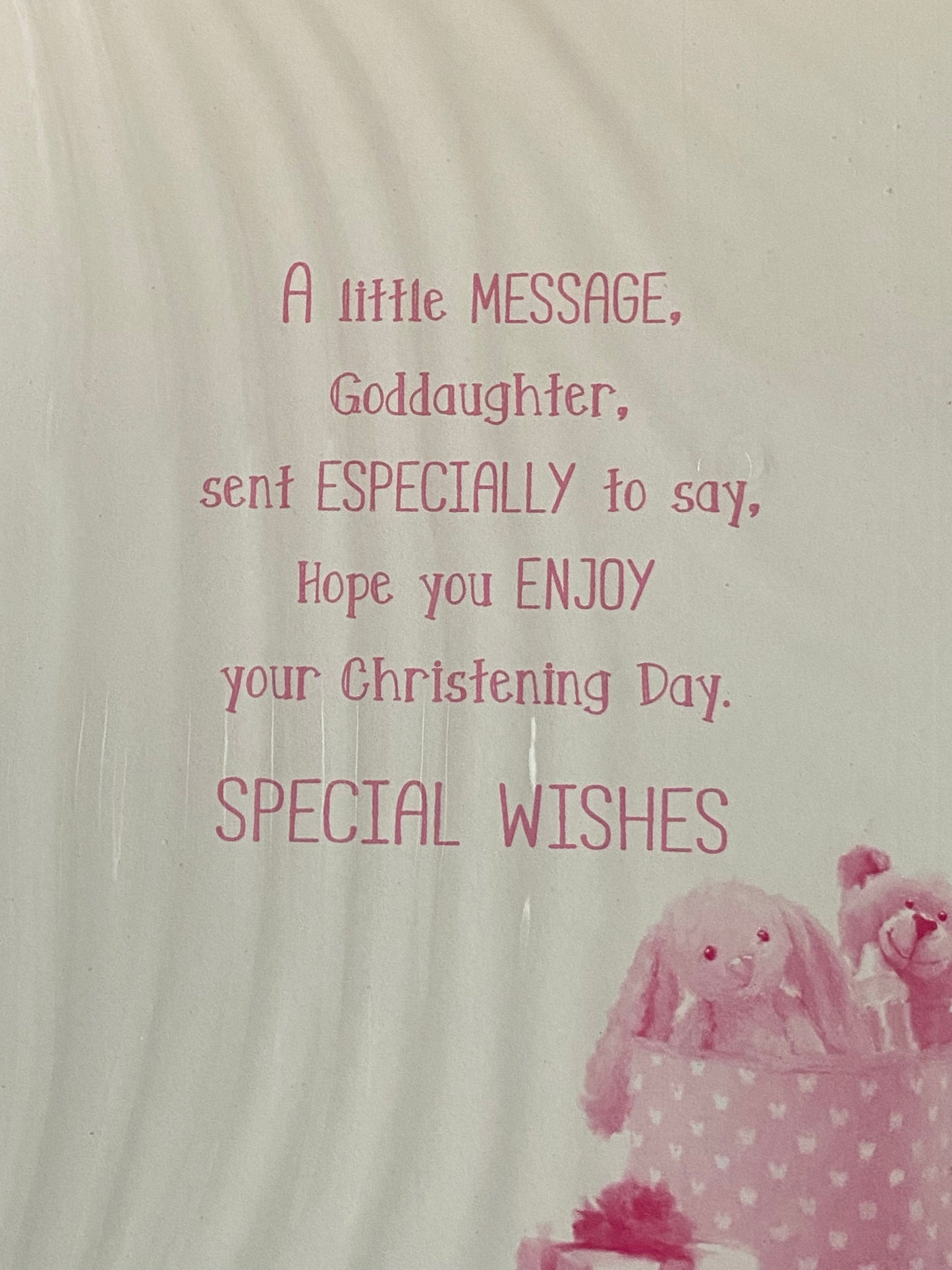 Special Wishes Goddaughter On Your Christening Day Card Goddaughter's Christening Card Moses Basket/Teddy/Toys/Silver Words Glitter/Foil Design(PH42351E)