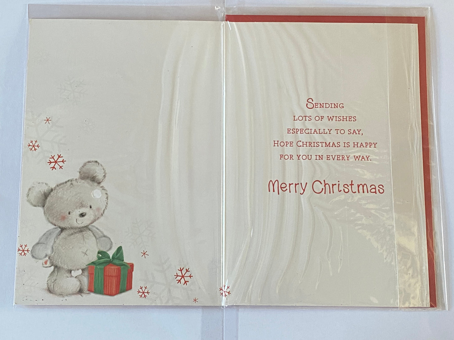 For A Lovely Cousin Merry Christmas To You Christmas Card Teddy/Red Present/Words Glitter/Foil Detail(PH45220B)