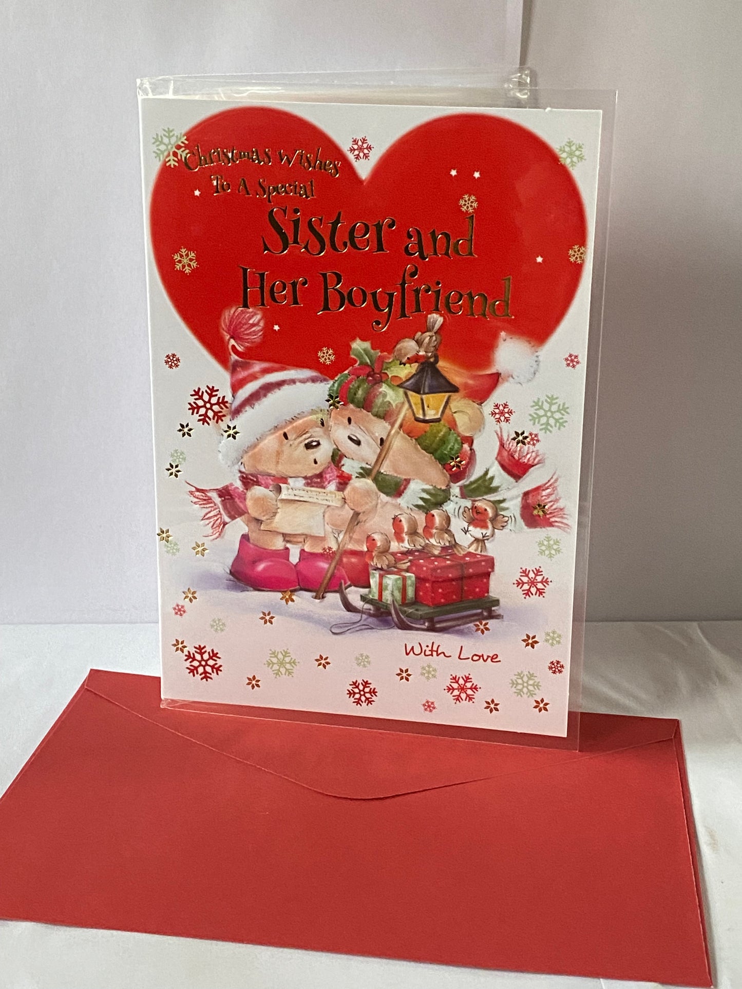 Christmas Wishes To A Special Sister And Her Boyfriend Christmas Card Sister & Boyfriend White/Red- Teddies/Heart(NLC50-016A)