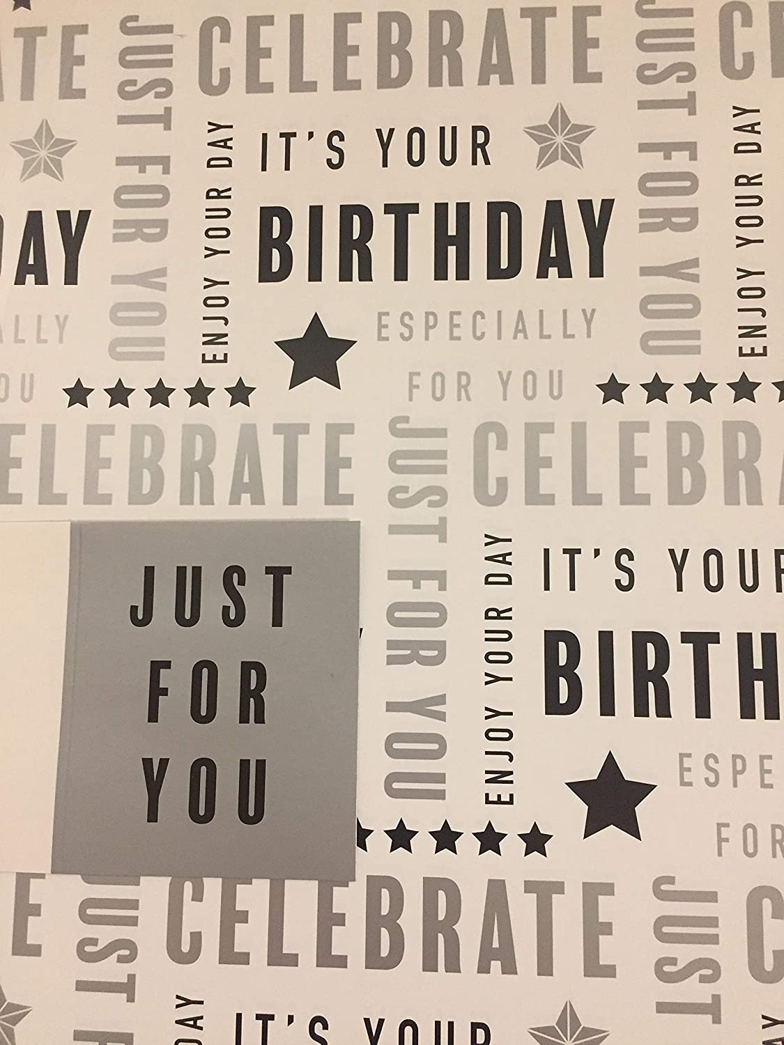 Mens Male White/Silver/Black Words Birthday Gift Wrapping Paper + Gift Tag 2 Sheets Wrapping Paper+ 1 Gift Tag
