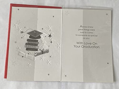 Congratulations Son On Your Graduation Card Graduated Well Done Silver/Red/Black-Books/Hat/Scroll Foil Detail(PH37151A)