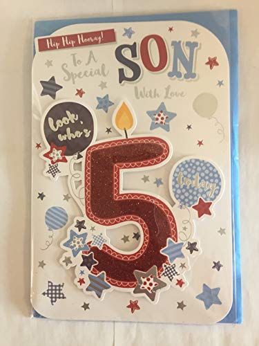 Hip Hip Hooray! To A Special Son With Love Look Who's 5 Today Birthday Card Age 5 5th Five White/Red/Blue Words/Balloons 3D/Glitter/Foil Detail(PRELUDE44319)