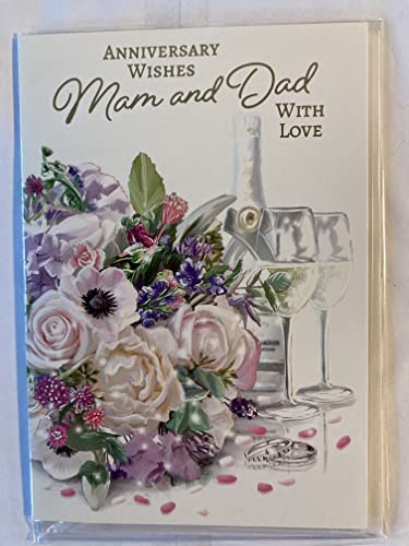 Anniversary Wishes Mam And & Dad With Love On Your Wedding Anniversary Card White/Purple Flowers/Champagne/Flutes Foil Detail(NC-VA220A)