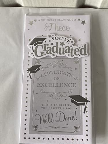 Congratulations Niece You've Graduated Well Done! Graduation Card White/Silver/Black-Hats/Words/Stars 3D/Glitter/Foil Detail(PRELUDE39804)