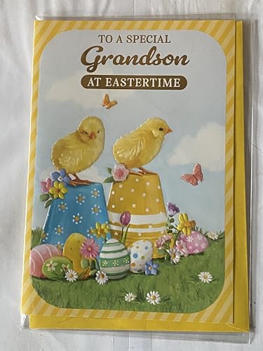 To A Special Grandson At Eastertime Easter Card Chicks On Plant Pots Foil Detail(PH49856A)