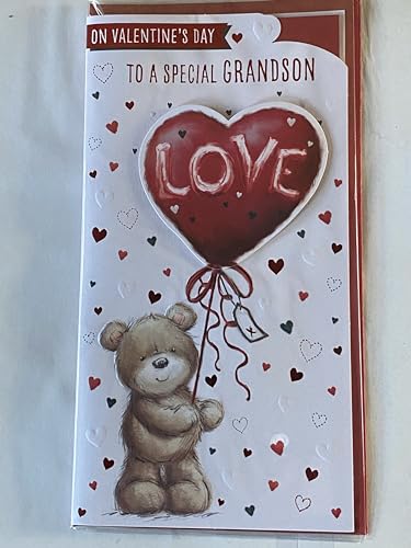 On Valentine's Day To A Special Grandson Valentines Day Card Teddy Holding Red Love Heart Balloon 3D/Foil Detail (PRELUDE49598)