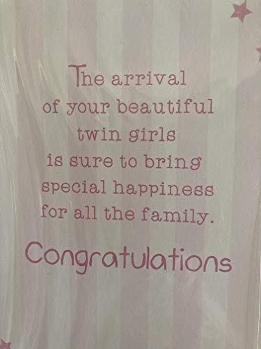 Congratulations On The Birth Of Your Beautiful Baby Twins New Baby Girl Twin Girls Born Card Pink/Silver Words/Stripes/Bunting Glitter/Foil Detail(PH41078B)