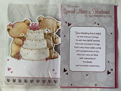 To A Very Special Niece & Husband On Your Wedding Day Card White/Pink Teddies/Wedding Cake Ribbon/Pearl Heart/Foil Detail(PRELUDE35822)