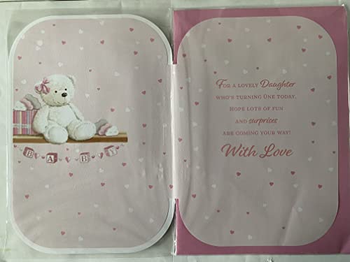 Happy 1st Birthday Daughter Card Age 1 1st First One Pink-White Teddy/Hearts/Stars 3D/Foil Detail Larger Size Card(PRELUDE47317)