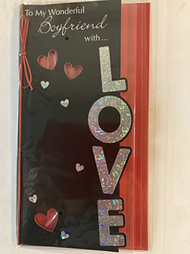 To My Wonderful Boyfriend With Love Valentine's Valentines Day Card Black-Red/Silver Hearts/Words String/Foil Detail (PRELUDE31641)