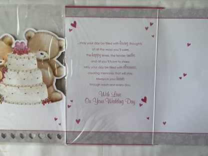 To A Special Brother & Sister-In-Law On Your Wedding Day Card White/Pink Teddies/Wedding Cake Ribbon/Pearl Heart/Foil Detail(PRELUDE35822)