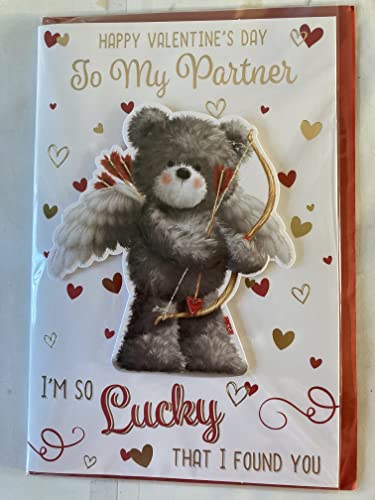 Happy Valentine's Day To My Partner I'm So Lucky That I Found You Valentine's Day Valentines Day Card Cupid Teddy/Hearts 3D/Foil Detail (PRELUDE47556)