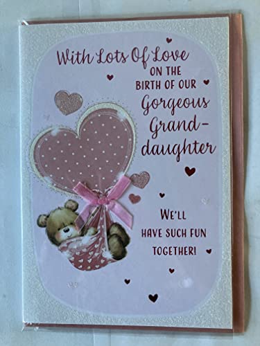 With Lots Of Love On The Birth of Our Gorgeous Granddaughter New Baby Girl Born Card From The Grandparents Teddy/Pink Blanket/Big Pink Heart/Words Ribbon/Glitter/Foil Detail(PRELUDE47299)