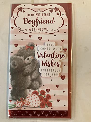 To My Brilliant Boyfriend With Love This Come With Valentine Wishes Especially For You Valentine's Valentines Day Card Teddies Hugging/Pink+White Stripes 3D/Foil Detail (PRELUDE43037)