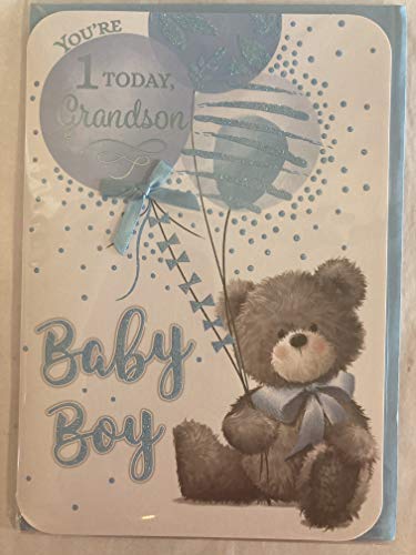 You're 1 Today Grandson Birthday Card Age 1 1st First One Teddy/Blue Balloons Ribbon/Glitter/Foil Detail Larger Size Card(PRELUDE45551)