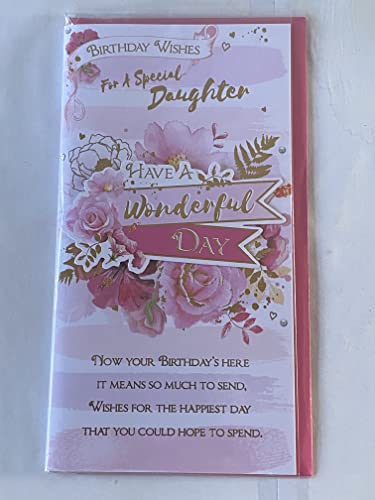 Birthday Wishes For A Special Daughter Have A Wonderful Day Birthday Card Pink/White/Gold Roses/Stripes 3D/Foil Detail(PRELUDE42981)