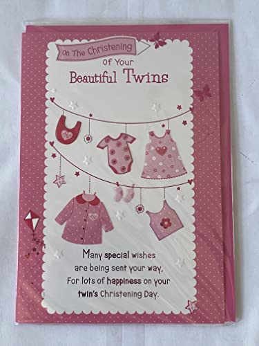 On The Christening of Your Beautiful Twins Christening Card Twin Girls Girl Daughters Christening Day Card Pink Clothes/Pink Words Foil Detail(PH39997A)