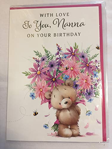 With Love To You Nanna On Your Birthday Card Teddy Pink/Purple/Blue Flowers Foil Detail(NC-VA123A)