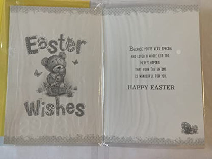 To A Wonderful Nan Easter Wishes Easter Card White/Yellow-Teddy/Basket/Easter Eggs Foil Detail(PH39711A)