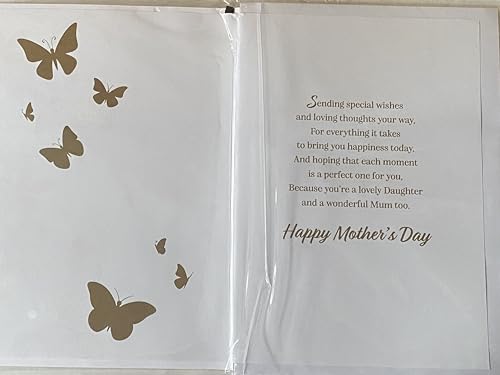 Mother's Day Wishes To My Wonderful Daughter With Lots Of Love Mothers Day Card White/Gold Butterflies/Words Ribbon/Foil Detail Larger Size Card(PRELUDE47703)