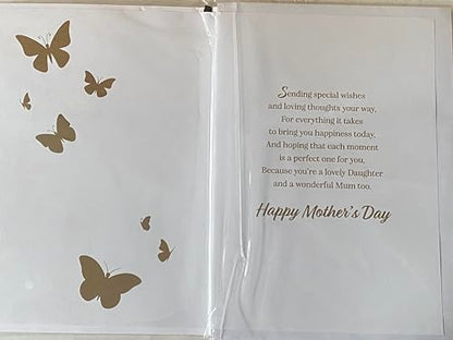 Mother's Day Wishes To My Wonderful Daughter With Lots Of Love Mothers Day Card White/Gold Butterflies/Words Ribbon/Foil Detail Larger Size Card(PRELUDE47703)