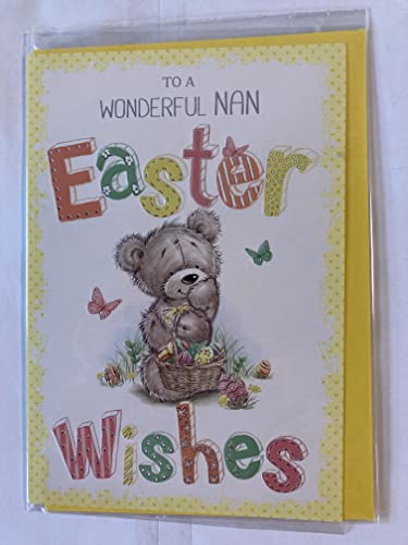 To A Wonderful Nan Easter Wishes Easter Card White/Yellow-Teddy/Basket/Easter Eggs Foil Detail(PH39711A)