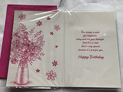 Ladies/Female Age 90 90th Ninety Ninetieth Happy 90th Birthday Card Multi Flowers/Silver Vase/Pink Words Foil Detail(PH47335A)