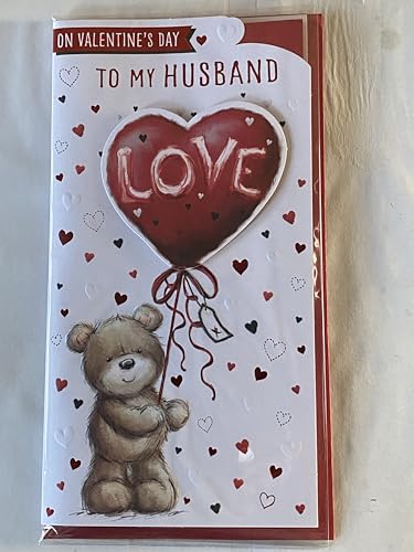 On Valentine's Day To My Husband Valentines Day Card Teddy Holding Red Love Heart Balloon 3D/Foil Detail (PRELUDE49598)