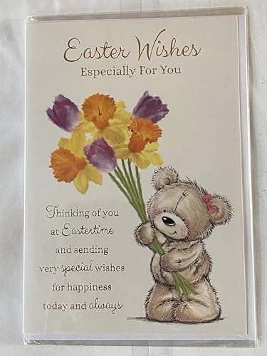 Easter Wishes Especially For You Easter Card Open General Teddy Holding Spring Flowers/Gold Words Foil Detail(PH45740A)