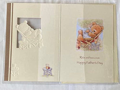 It's Father's Day Dear Husband! Fathers Day Card Teddy Relaxing/Red Deck Chair/Newspaper Foil Detail(SS31116A)