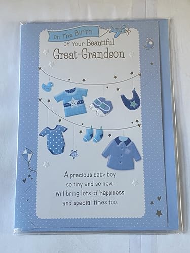 On The Birth of Your Beautiful Great-Grandson New Baby Boy Born Card to The Great-Grandparents White/Blue Clothes Line/Silver Words Foil Detail(PH39999E)