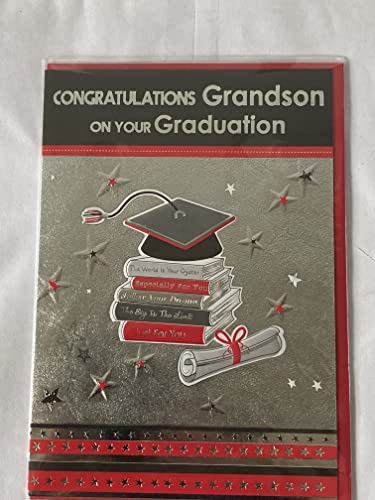 Congratulations Grandson On Your Graduation Card Graduated Well Done Silver/Red/Black-Books/Hat/Scroll Foil Detail(PH37151A)