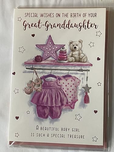 Special Wishes On The Birth of Your Great-Granddaughter New Baby Girl Born Card To The Great-Grandparents Purple/Pink Baby Clothes/Star Foil Detail(VA215A)