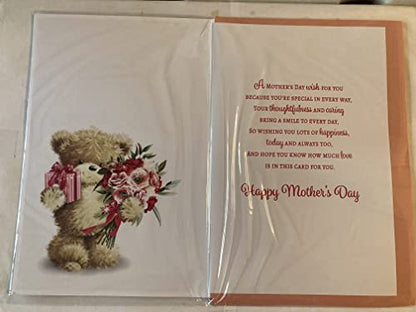 To A Lovely Mam On Mother's Day Mothers Day Card Teddy/Pink Flowers+Present/Silver Words 3D/Glitter/Foil Detail(PRELUDE47684)