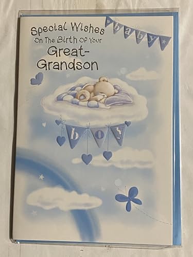 Special Wishes On The Birth of Your Great-Grandson New Baby Boy Born Card To The Great-Grandparents White+Blue Teddy/Cloudbed/Clouds Foil Detail(NC-VA102A)