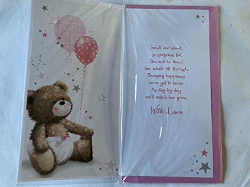 Welcome To The World Granddaughter New Baby Girl Born Birth Our Card From The Grandparents Teddy/Pink Balloons/Silver Stars+Words 3D/Glitter/Foil Detail(PRELUDE47303)