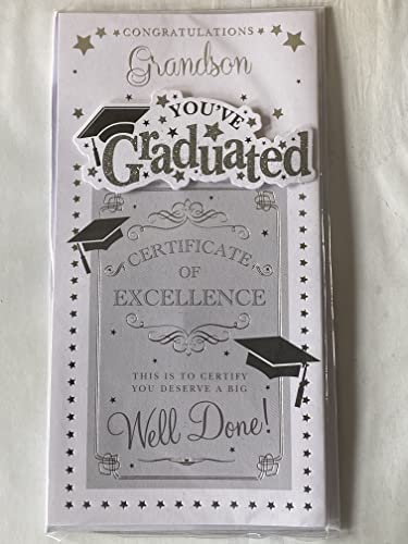 Congratulations Grandson You've Graduated Well Done! Graduation Card White/Silver/Black-Hats/Words/Stars 3D/Glitter/Foil Detail(PRELUDE39804)