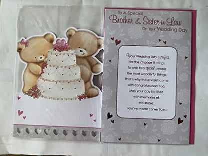 To A Special Brother & Sister-In-Law On Your Wedding Day Card White/Pink Teddies/Wedding Cake Ribbon/Pearl Heart/Foil Detail(PRELUDE35822)